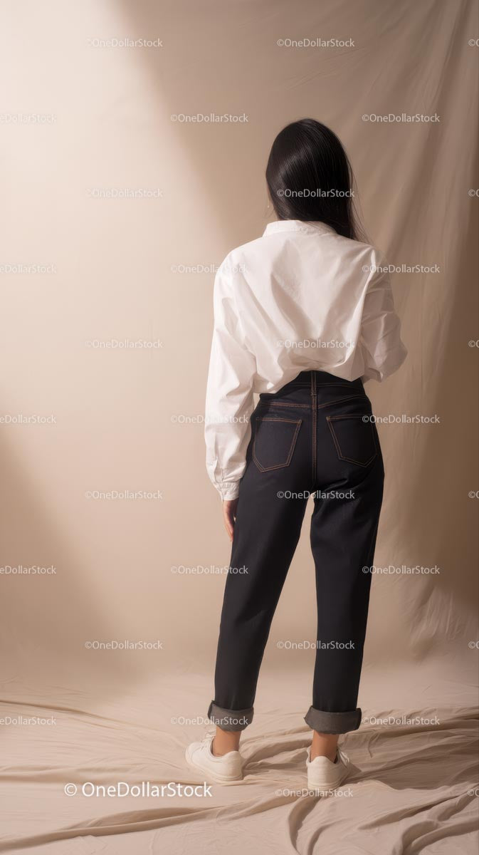 Woman in White Shirt and Denim Jeans in Minimalist Style