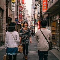 Smiling Woman Walking in a Bustling Japanese Street