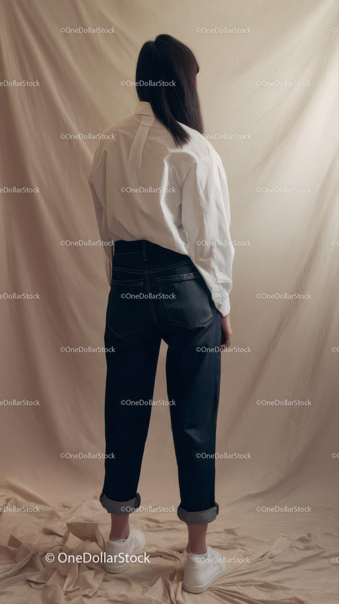 Kobieta w białej koszuli i dżinsach pozuje elegancko