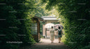 Peaceful Walk in a Japanese Garden with Umbrellas