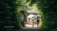 Peaceful Walk in a Japanese Garden with Umbrellas