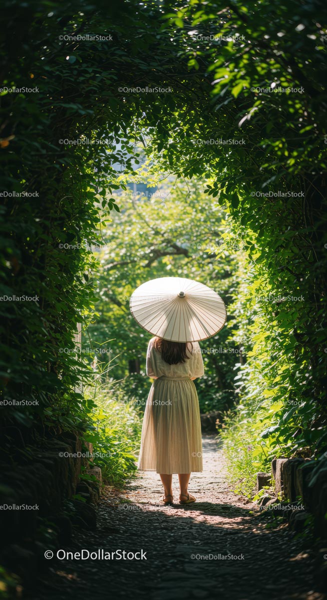 Woman Strolling Through Lush Garden with Elegant Parasol