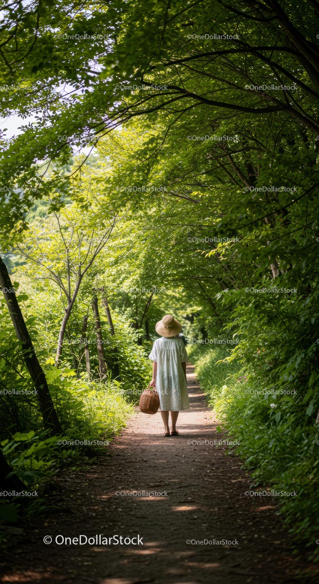 Woman Strolling Along a Green Forest Path in Summer
