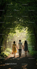 Friends Walking Hand in Hand Through Sunlit Forest