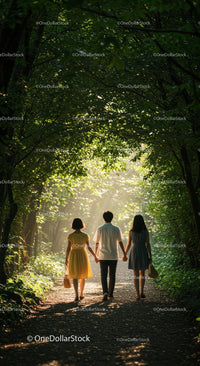 Friends Walking Hand in Hand Through Sunlit Forest