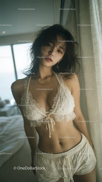 Woman Relaxing in Cozy Bedroom Setting with Natural Light