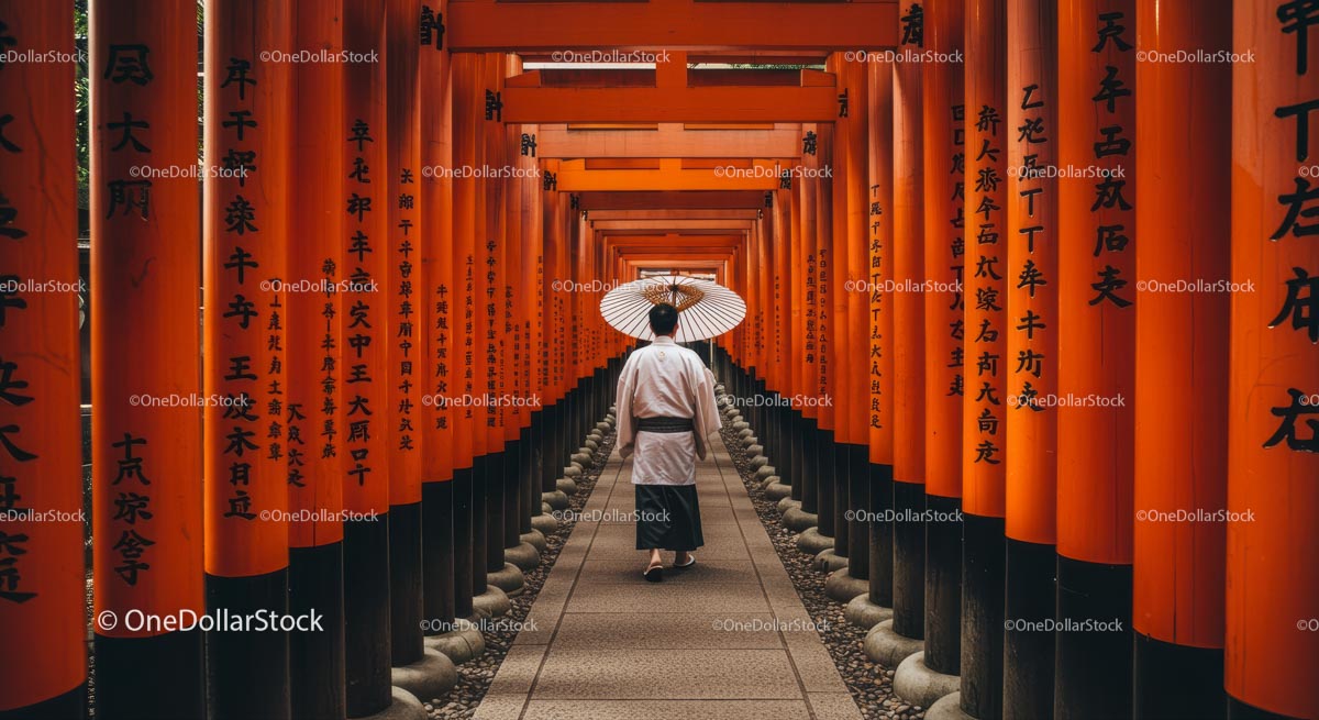 Man Walking Through Famous Torii Gates in Kyoto Shrine