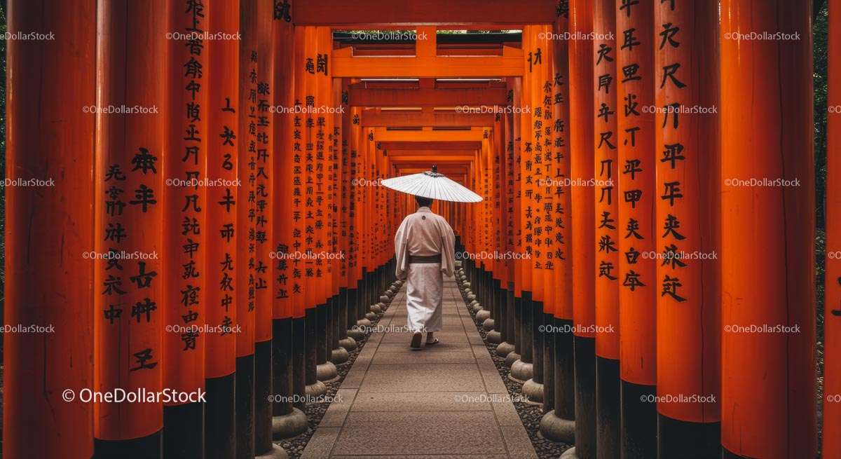 Traditional Pathway Through Vibrant Red Torii Gates in Kyoto