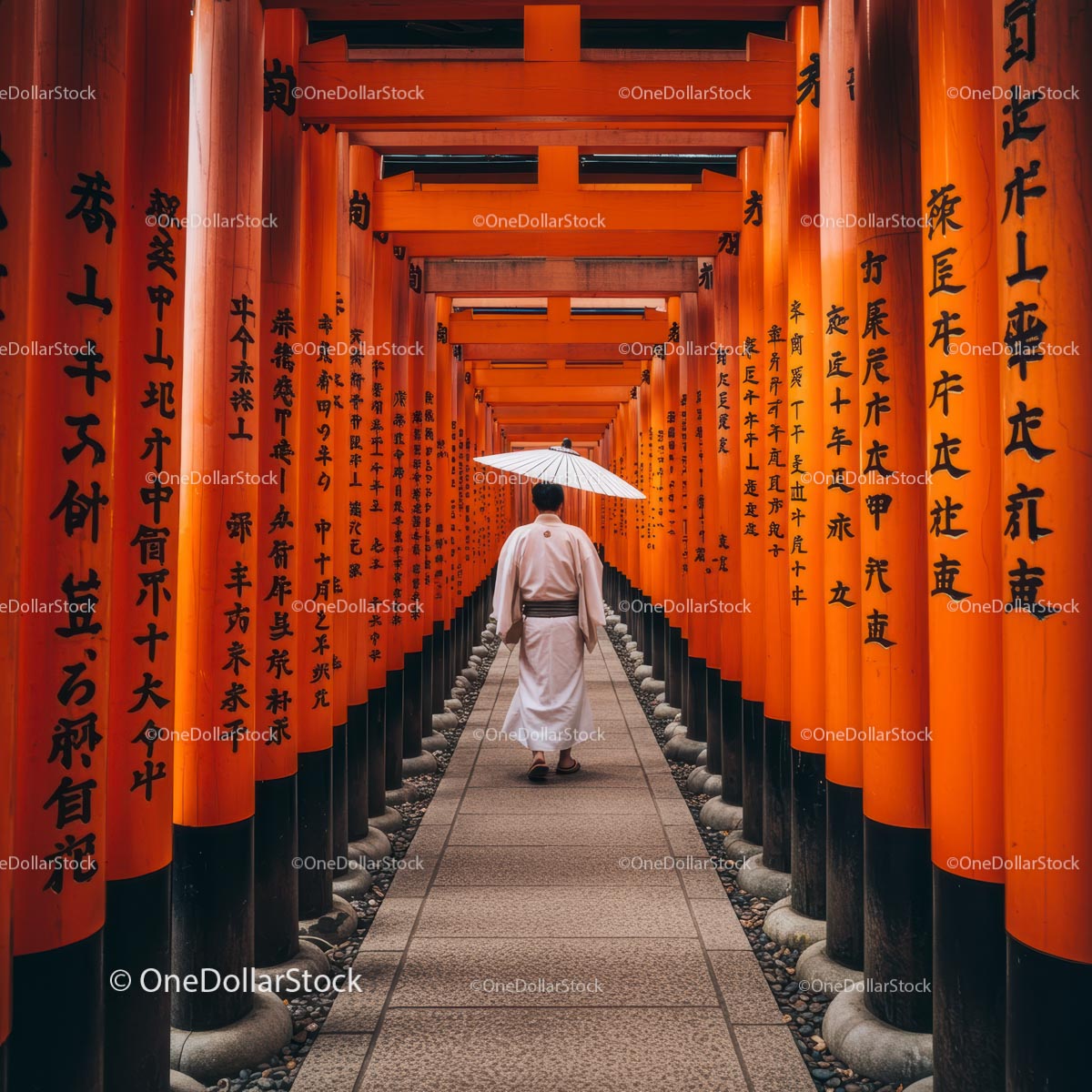 Walker Under Vibrant Torii Gates in Japan