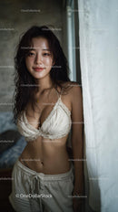 Young Woman in White Lace Lingerie Smiling Indoors