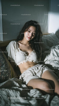 Woman Relaxing in Cozy Bedroom Setting with Natural Light
