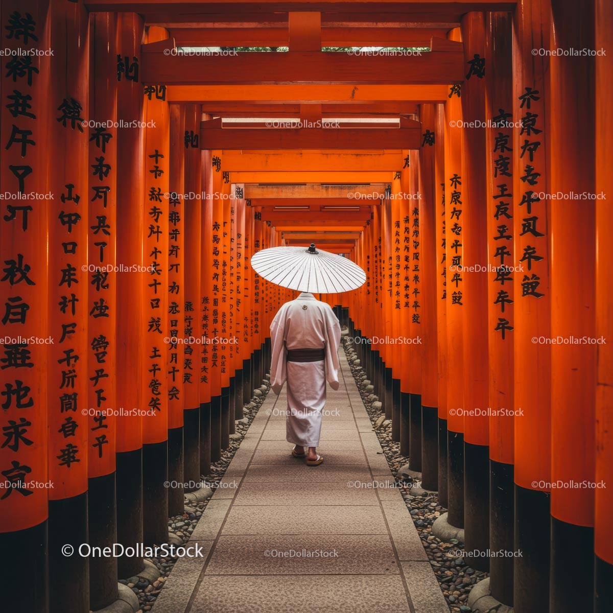 Person in Traditional Clothing Walking Through Orange Torii Gates