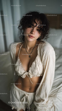 Young Woman with Curly Hair in Soft Bedroom Light