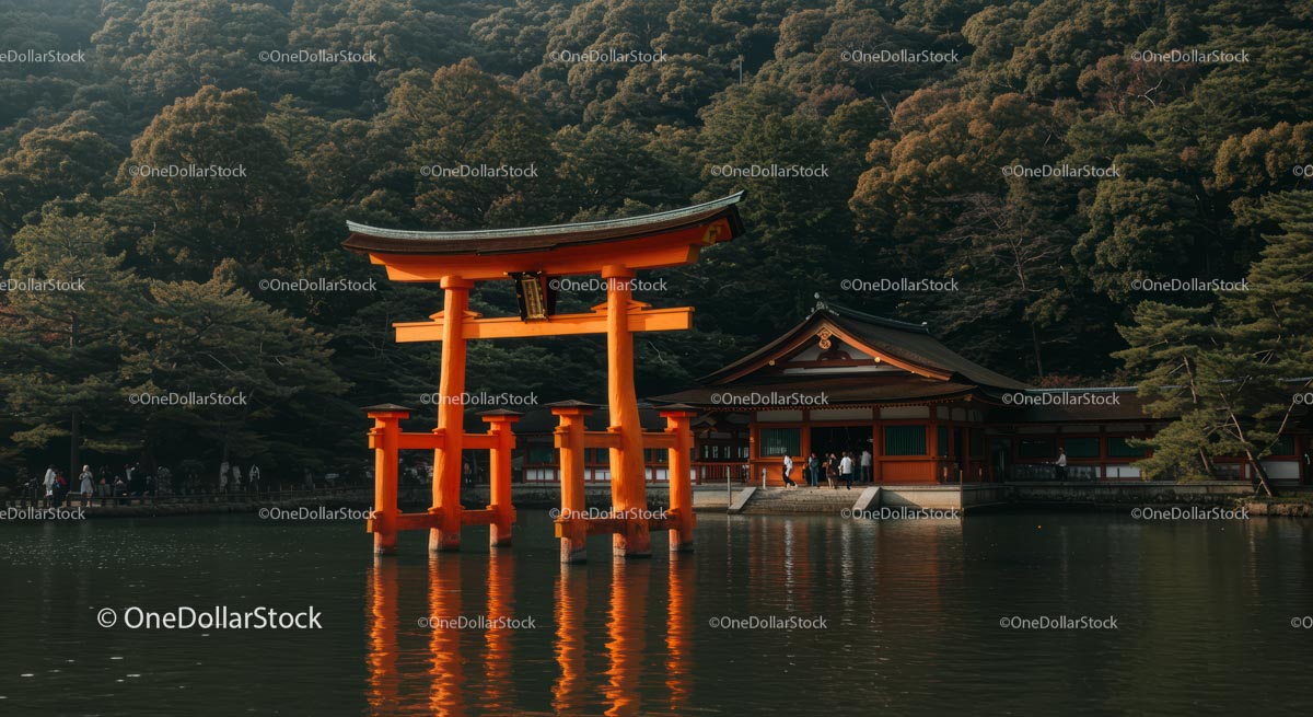 Torii Gate at Shinto Shrine with Forest Background