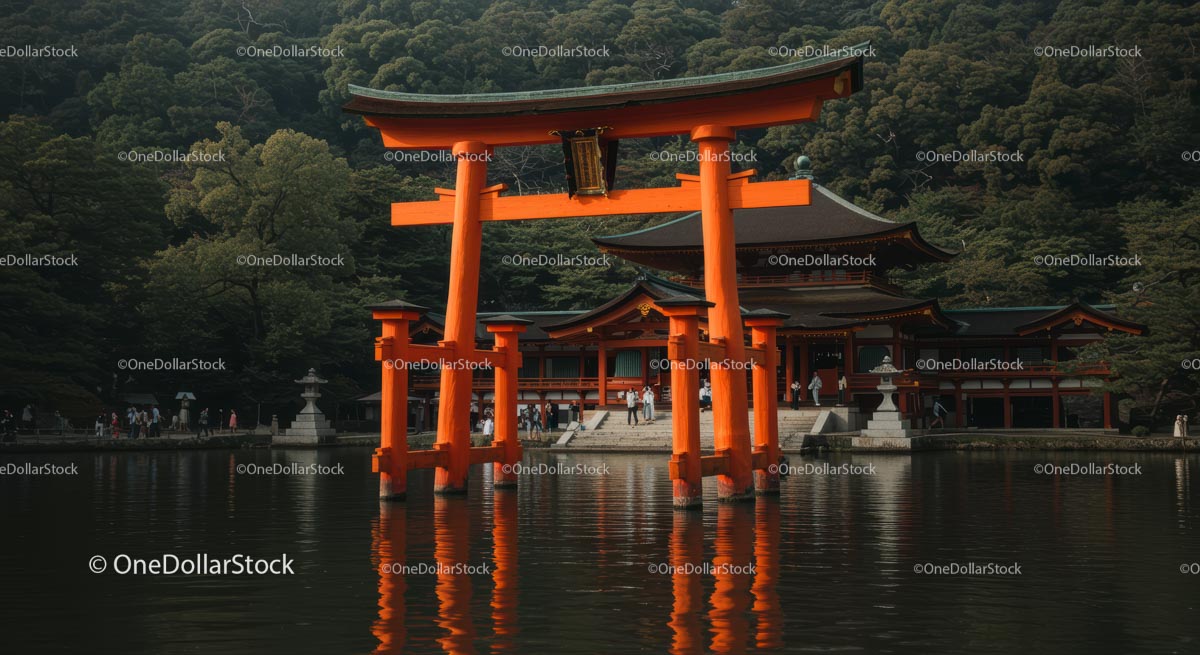 Iconic Torii Gate Overlooking a Traditional Japanese Shrine