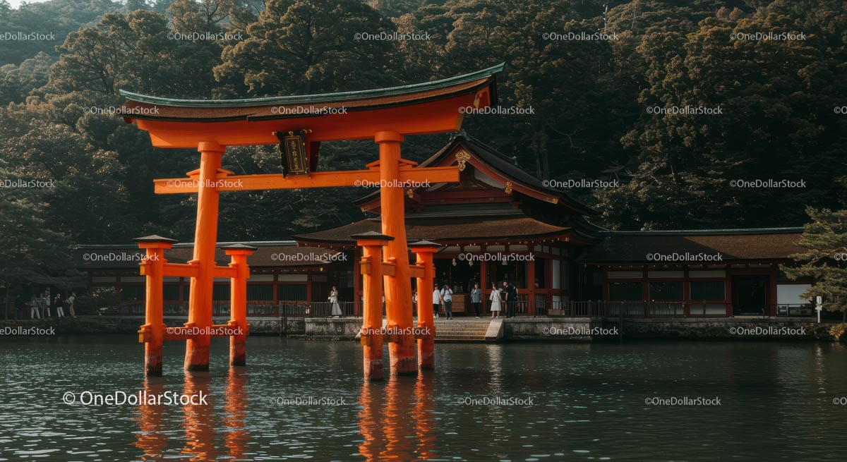 Jaskrawa pomarańczowa brama Torii w japońskiej świątyni shintoistycznej