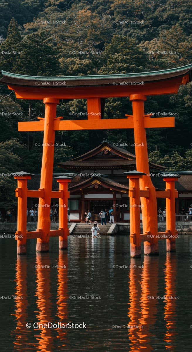 Iconic Orange Torii Gate Reflecting on Calm Water