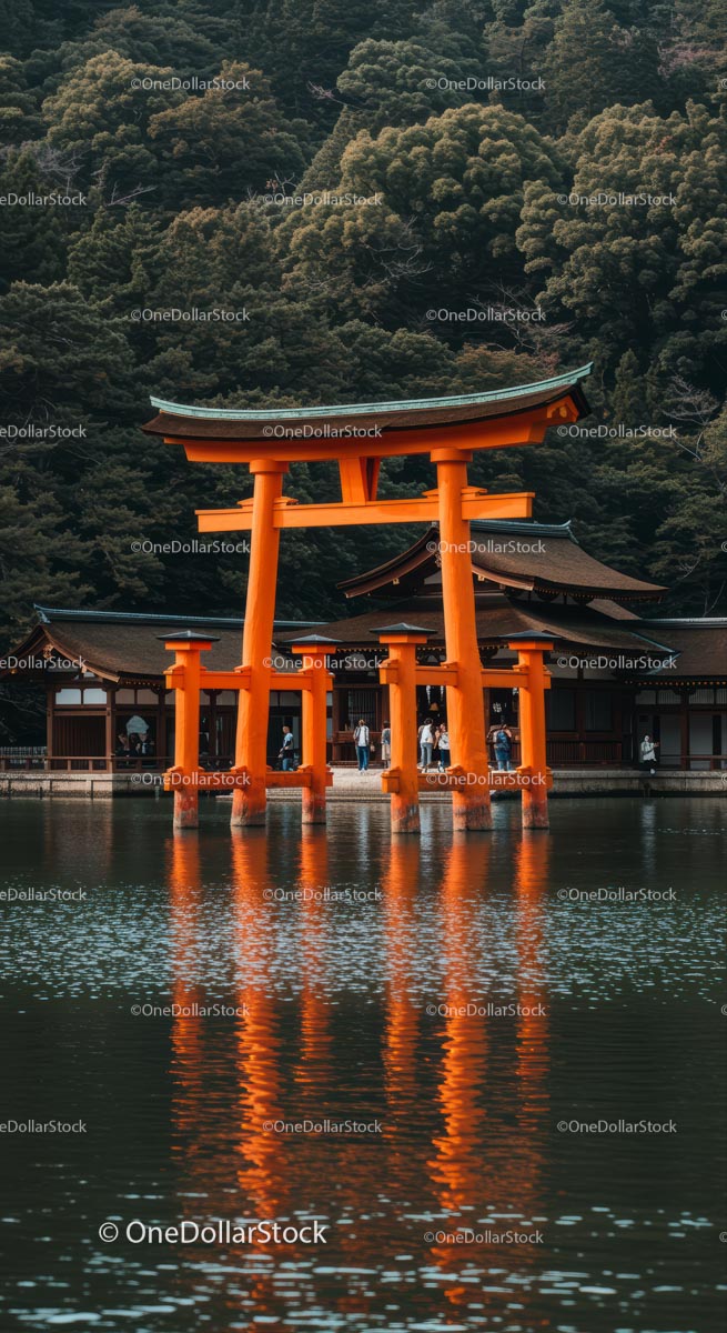 Brama Torii odbita w spokojnych wodach Japonii