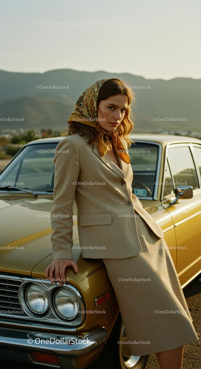 Elegant Woman in Beige Suit by Vintage Car at Sunset