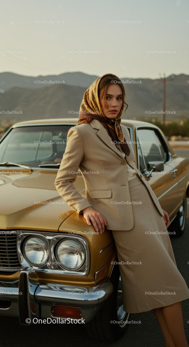 Elegant Woman in Beige Suit Leaning on Classic Car