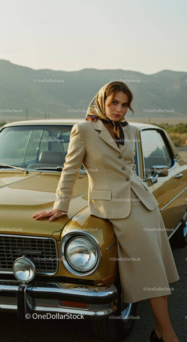Stylish Woman in Beige Outfit Leaning on Vintage Gold Car
