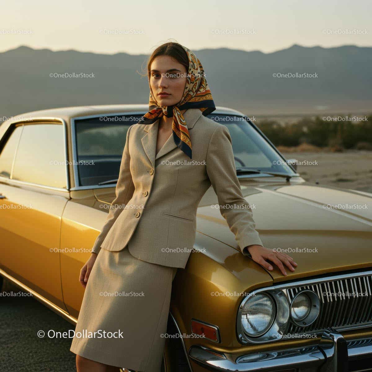 Elegant Woman with Vintage Car in Desert Landscape