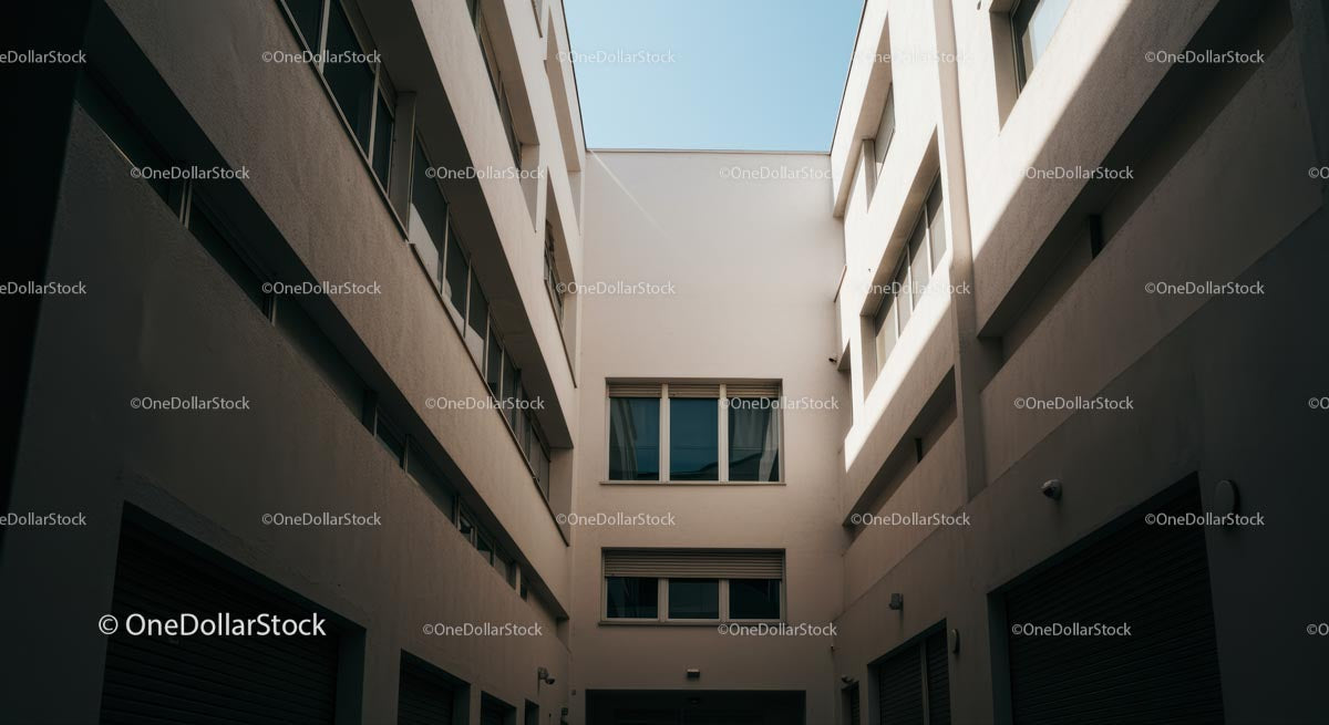 Symmetrical Urban Alleyway with Blue Sky Background