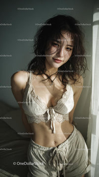 Woman Relaxing in Cozy Bedroom Setting with Natural Light