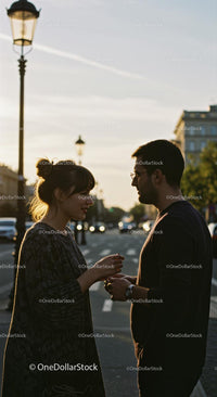 Romantic Couple Sharing a Sunset Moment on City Street