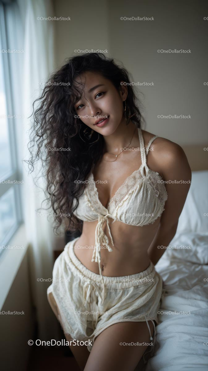 Woman Relaxing in Casual Lace Lingerie by Window