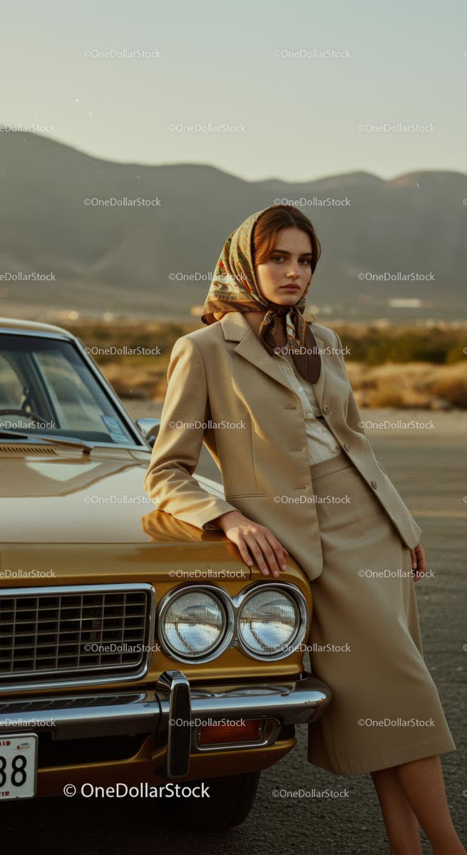 Elegant Woman in Beige Suit Leaning on Vintage Car