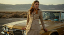 Elegant Woman in Beige Suit Posing by Vintage Car in Desert