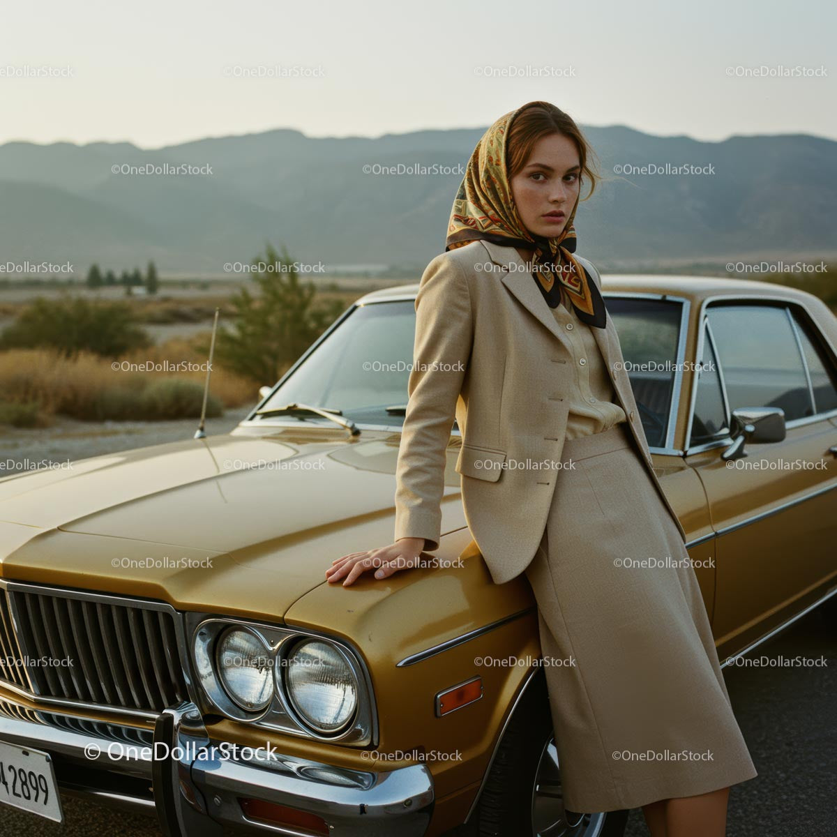 Elegant Woman in Vintage Fashion Leaning on Golden Car