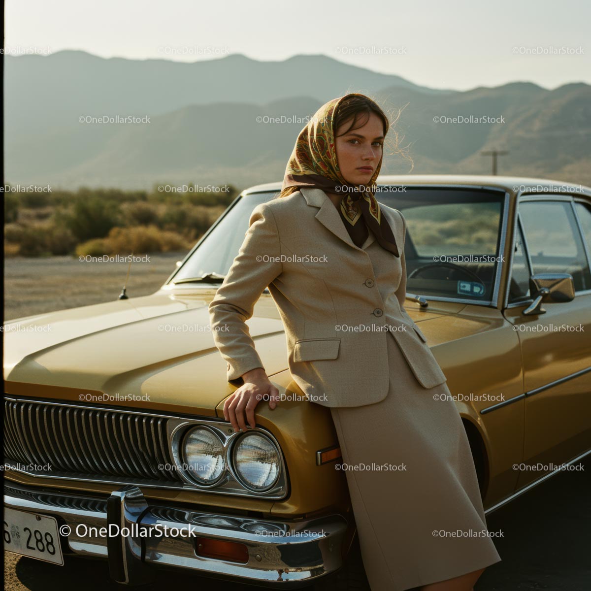 Stylish Woman with Vintage Car in Scenic Desert