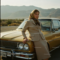Stylish Woman with Vintage Car in Scenic Desert