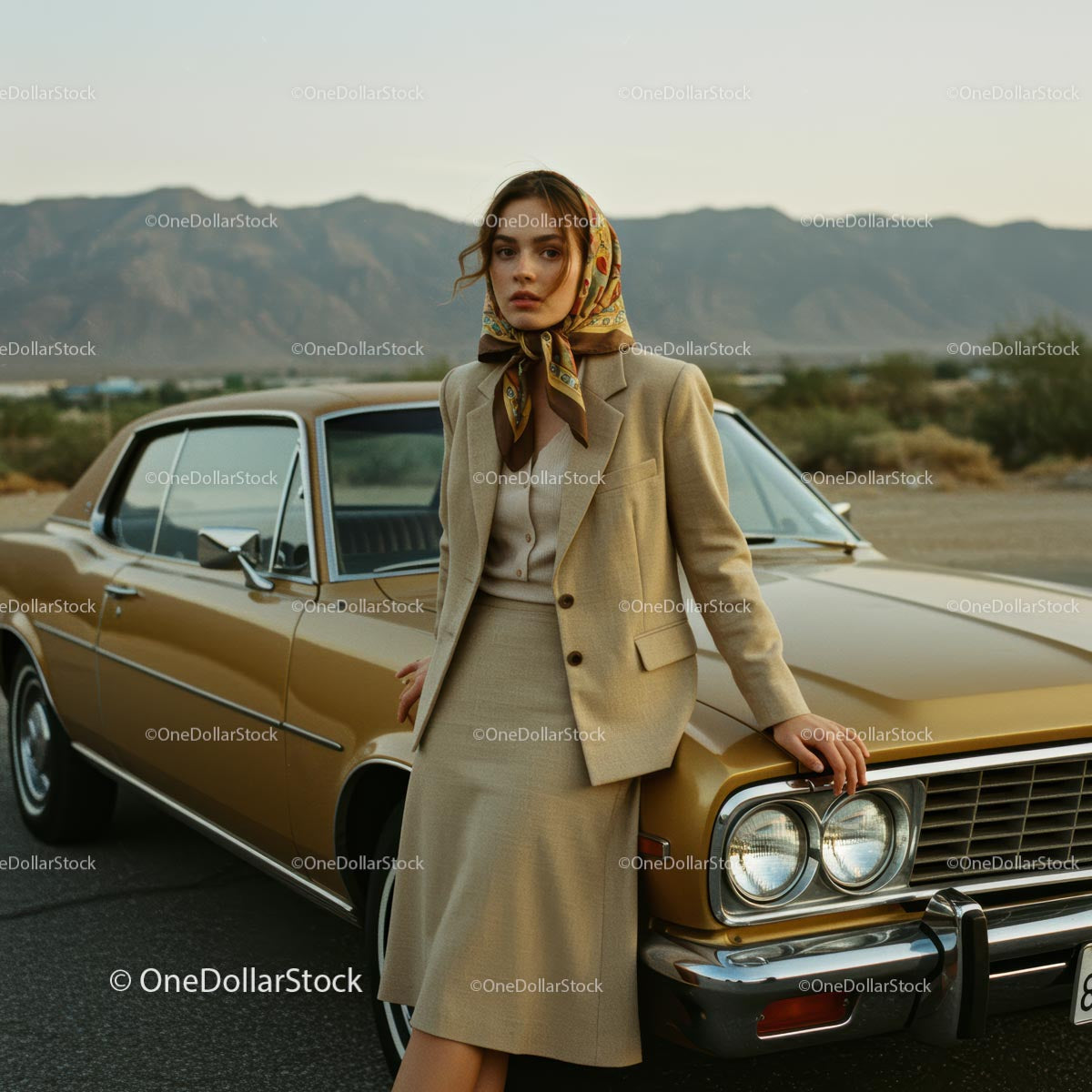 Stylish Woman with Vintage Car on Countryside Road