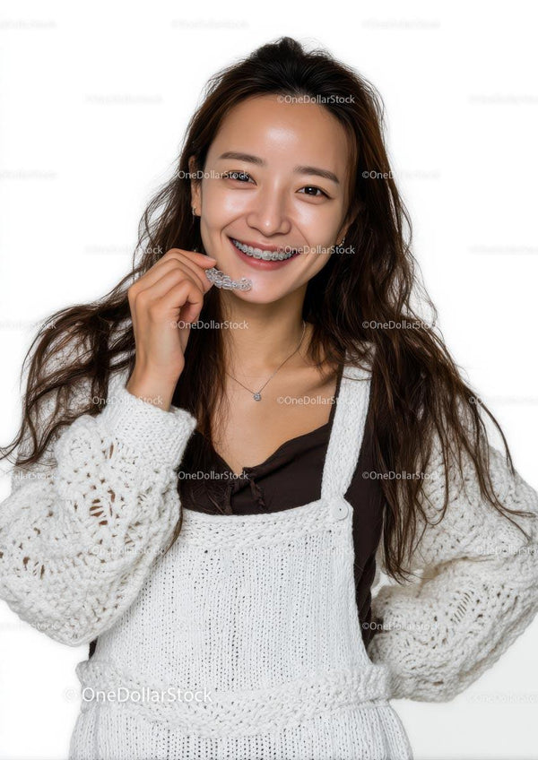 Smiling Woman with Braces and Clear Aligners