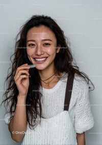 Smiling Woman with Clear Aligner in White Sweater