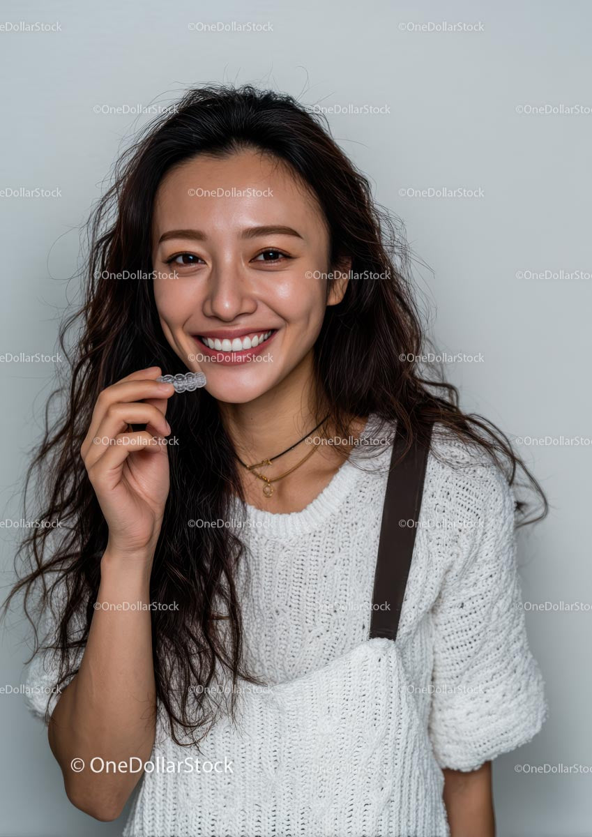 Smiling Woman with Clear Aligner in White Sweater