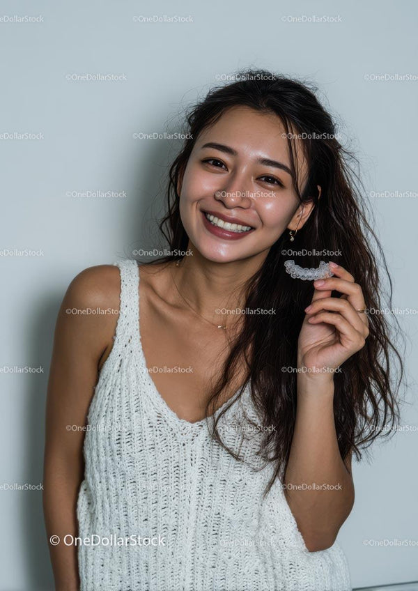 Smiling Woman Holding Clear Dental Aligner in Casual Knit Top