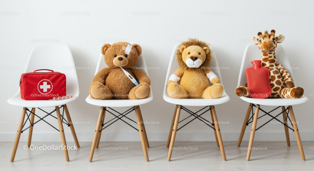 Stuffed Animals and First Aid Kit on Chairs
