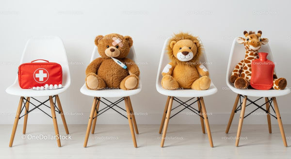 Stuffed Animals with Medical Props on White Chairs