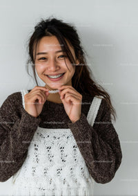 Smiling Woman with Braces Holding Retainer