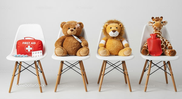 Stuffed Animals with First Aid Kit on Chairs
