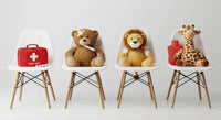 Plush Animals with First Aid Kit on White Chairs