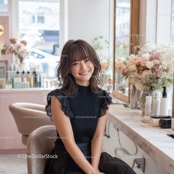 Smiling Woman in Black Dress at Modern Hair Salon