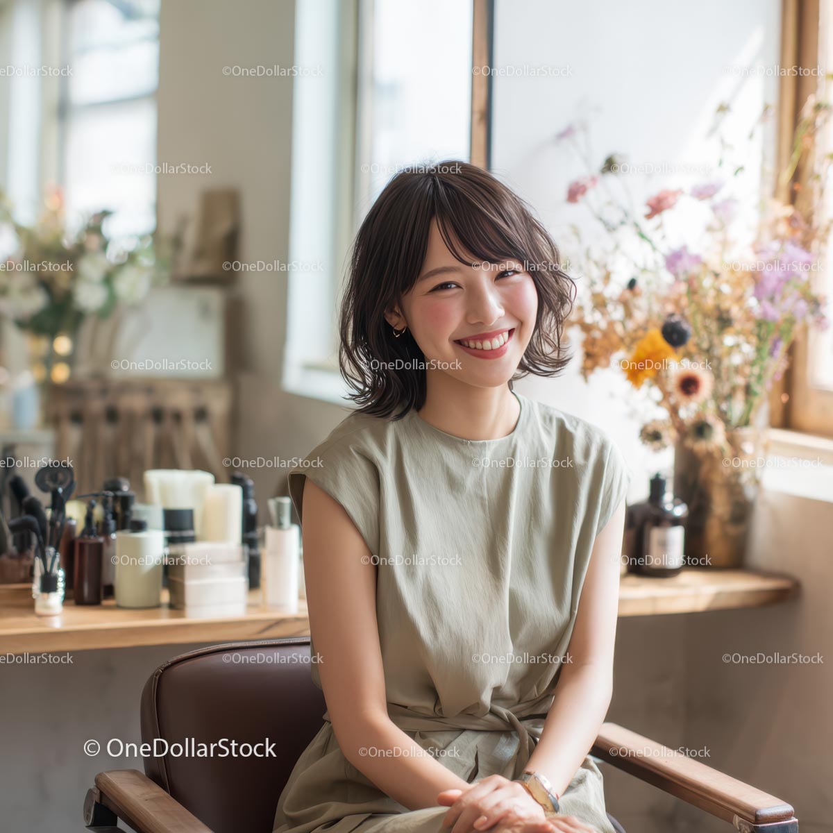 Smiling Woman in Salon with Elegant Floral Arrangement