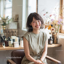 Smiling Woman in Salon with Elegant Floral Arrangement