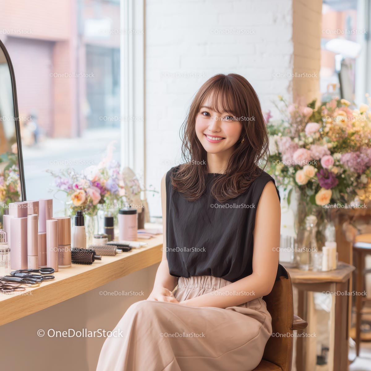 Smiling Woman in a Modern Beauty Salon with Floral Decor