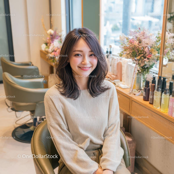 Smiling Woman in Modern Beauty Salon with Floral Decor